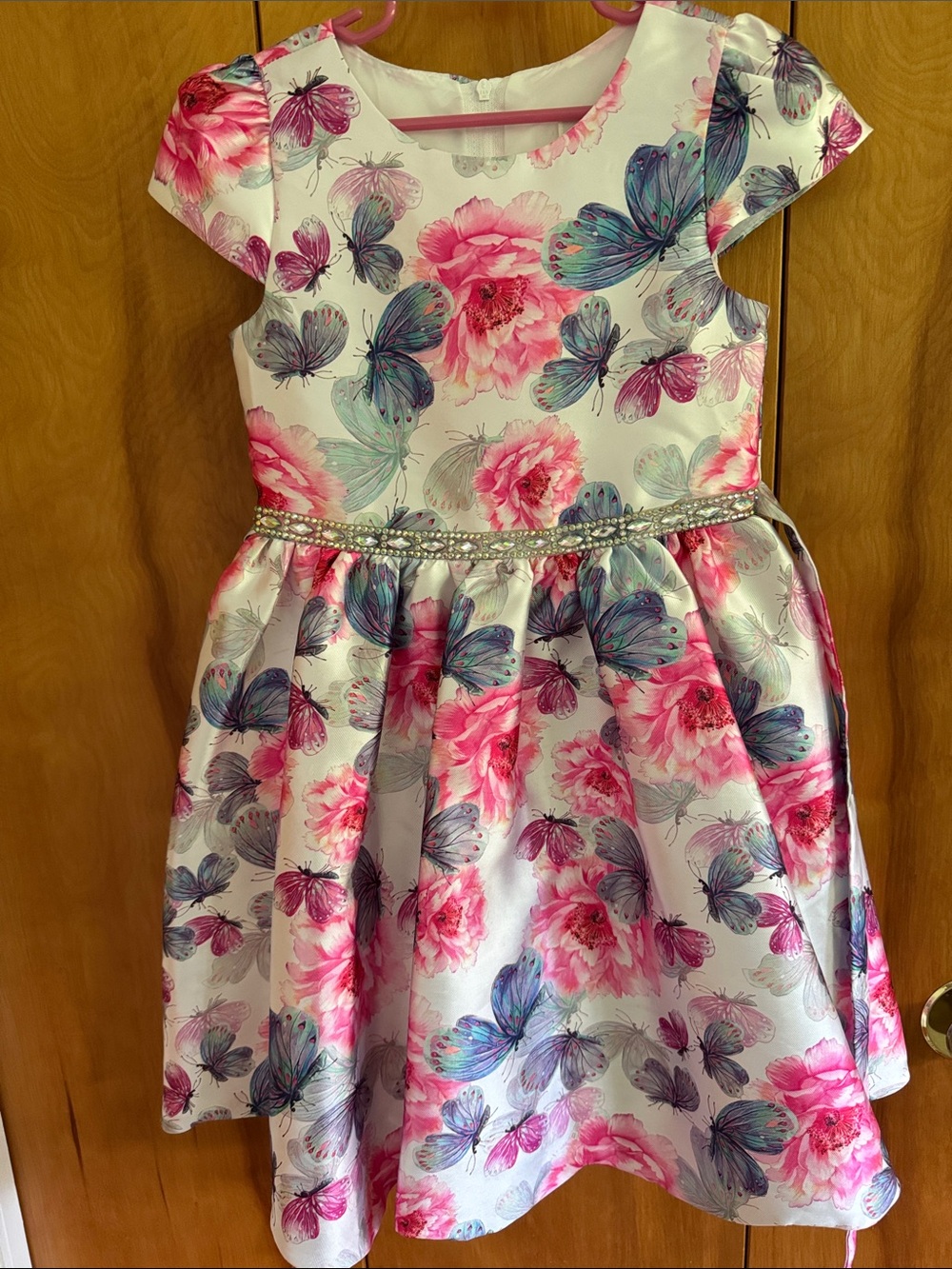 Rare Editions White Dress with Pink Floral & Blue Butterfly Print